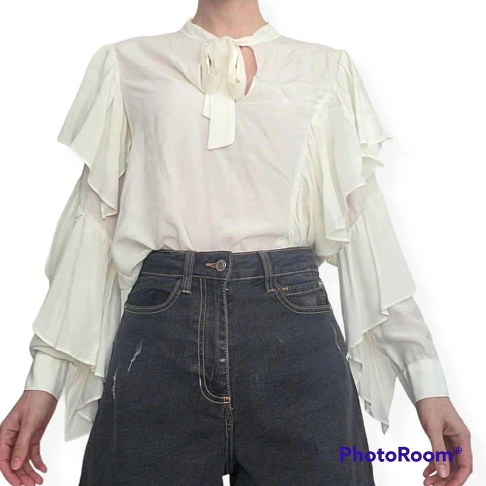 Zara NWT White Cream Ruffled Long Sleeve Boho Viscose Blouse Size XS